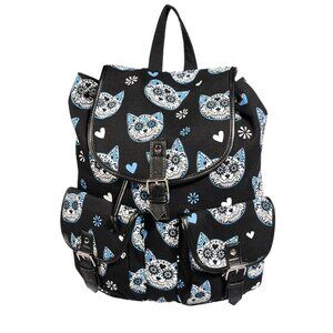 Gothic Sugar Skull Cat Backpack – Canvas Kitty Rucksack Y2K School Bag